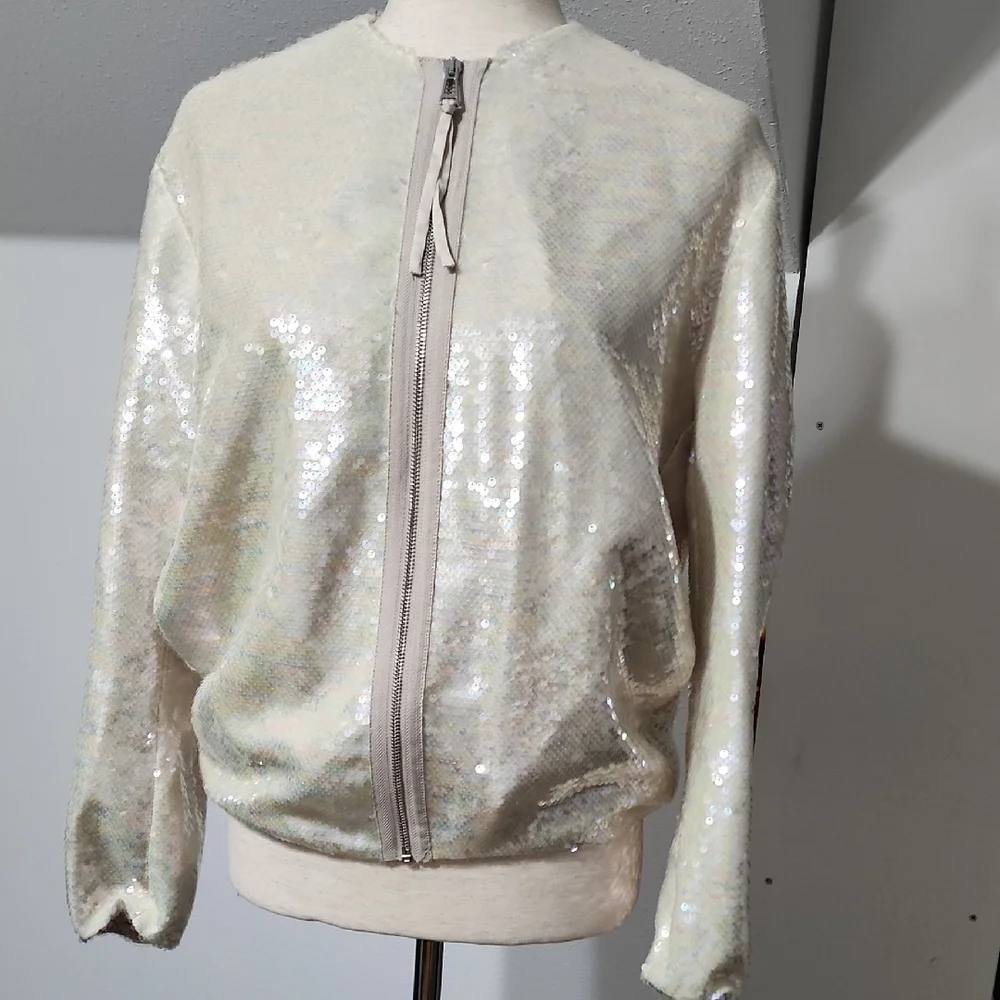 Zara Sequin Zip-Up Jacket in Cream